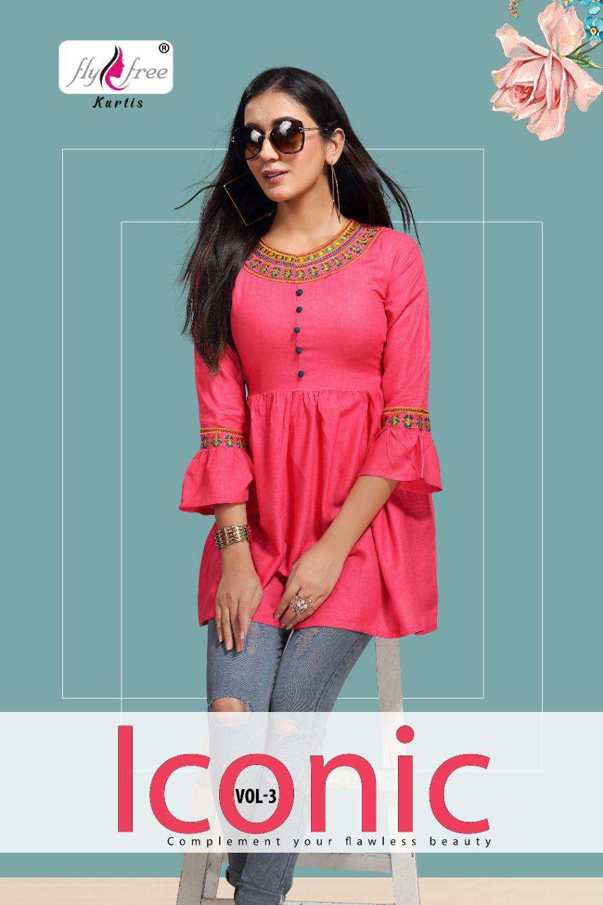  ICONIC-3 BY FLY FREE HEAVY RAYON SLUB EMBROIDERY WITH FLAIR KURTI CATALOG WHOLESALER BEST RATE 