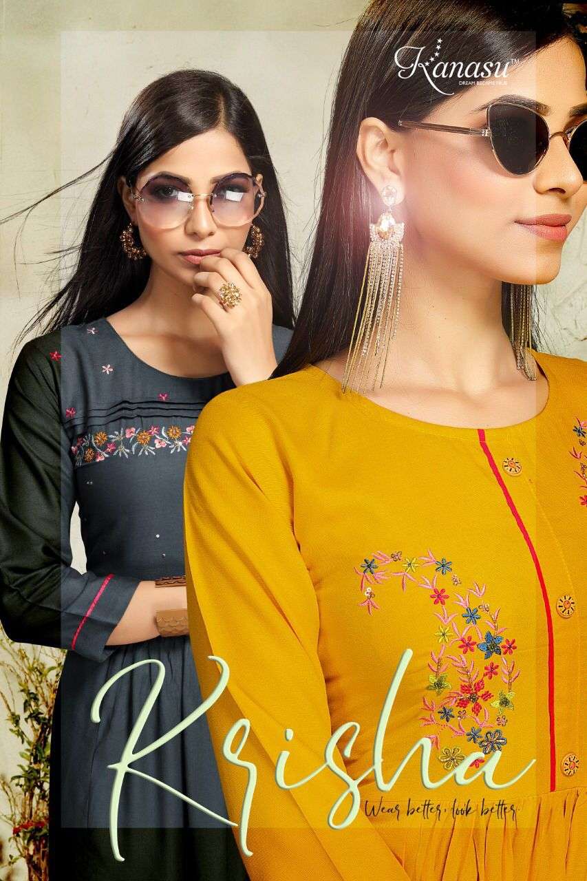 KRISHA BY KANASU HEAVY REYON (14kg QUALITY) FLAIR WITH NYRA CUT COMPUTER  &  HAND WORK KURTI CATALOG WHOLESALER BEST RATE
