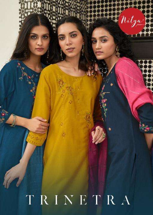 lt nitya present trinetra readymade chinon top bottom dupatta collection