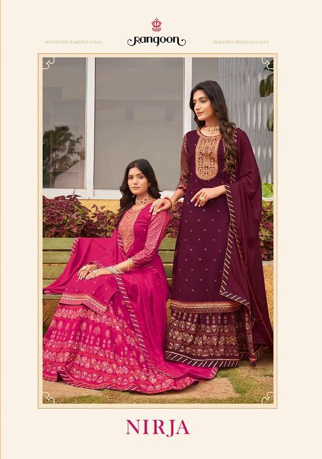 nirja by rangoon rayon work readymade lehenga style suits