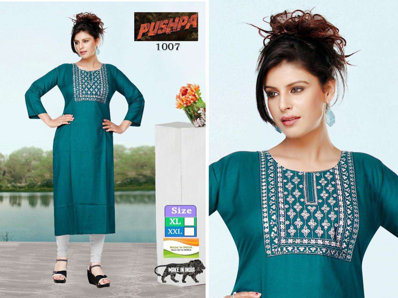 PUSHPA BY TRENDY HEAVY RAYON WITH WORK KURTI CATALOG WHOLESALER BEST RATE