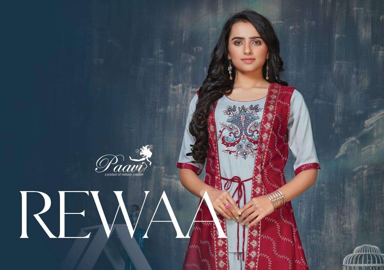 REEWA BY PAAVI HEAVY RAYON PRINT TOP , SKIRT AND JACKET CATALOG WHOLESALER BEST RATE