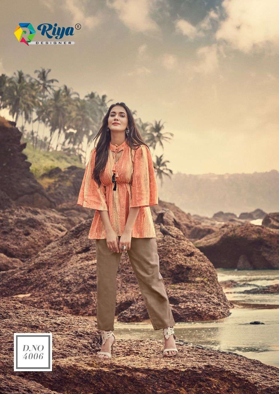 riya designer western vol 4 short fancy top with pant pair collection