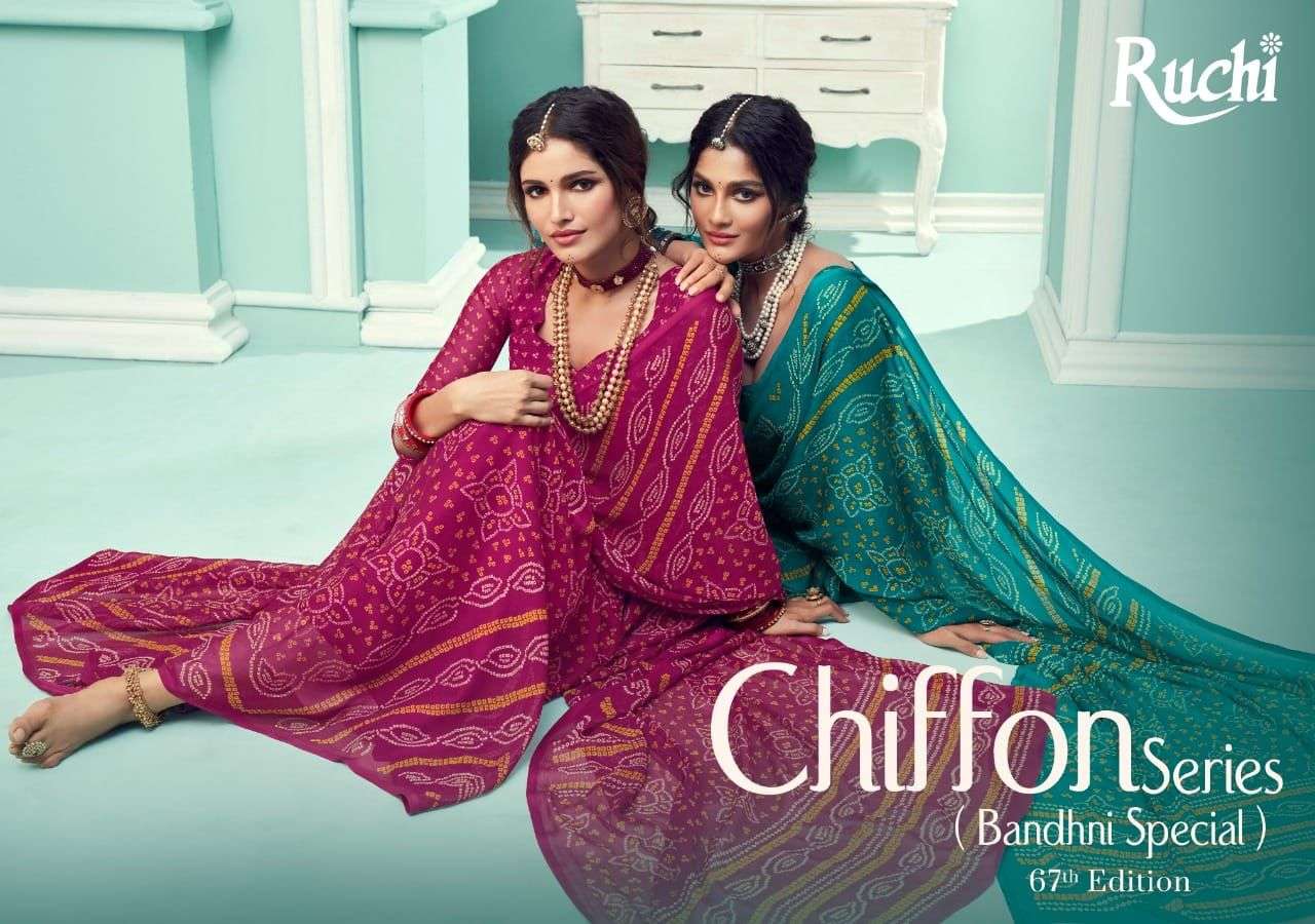 ruchi chiffon series vol 67 chiffon bandhani printed saree