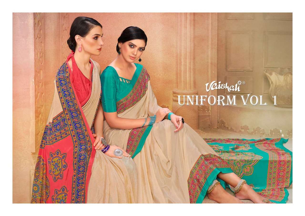 vaishali fashion uniform vol 1 silk crape printed uniform saree wholesaler