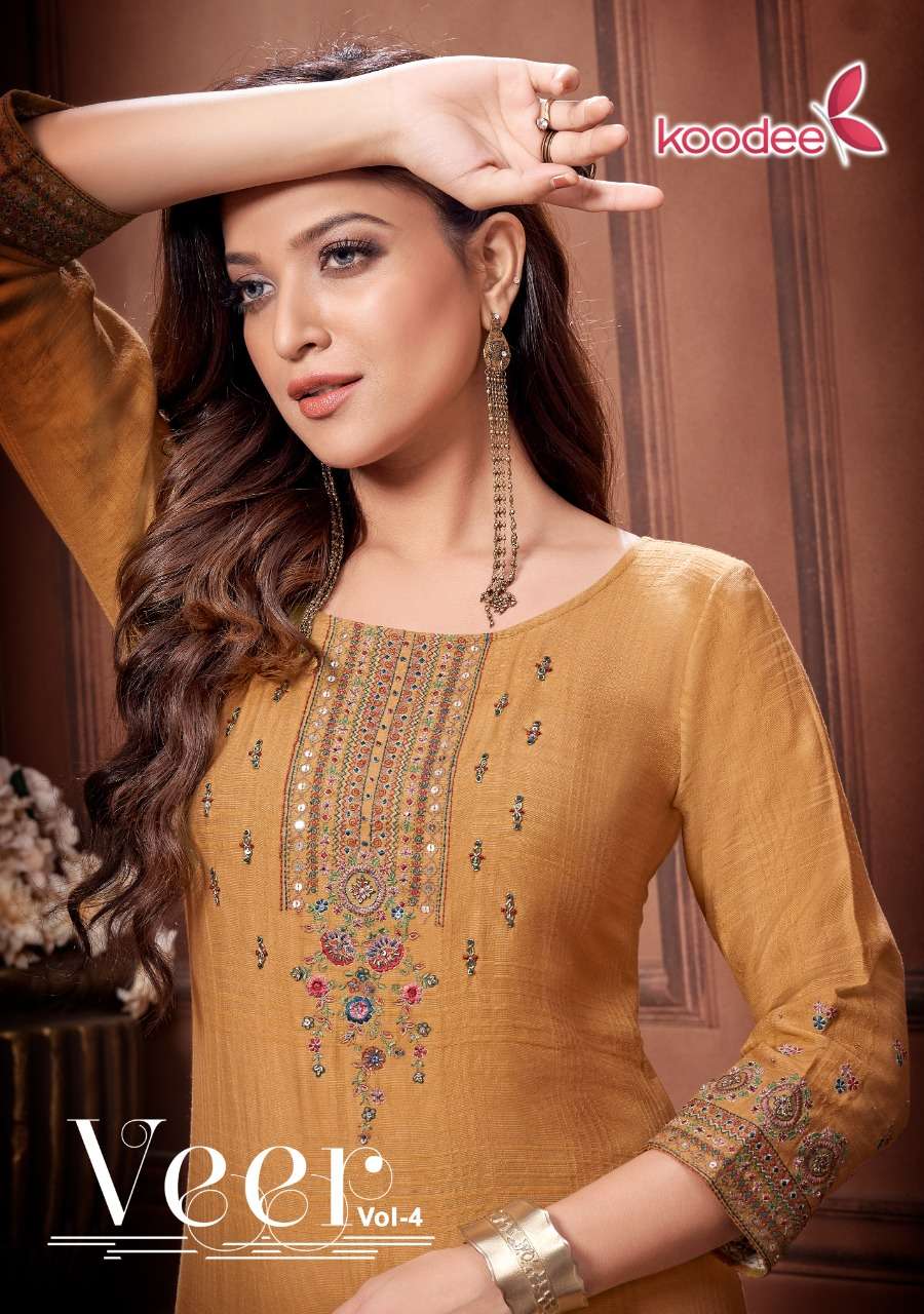 veer vol 4 by koodee viscose silk khatli work straight kurti seller
