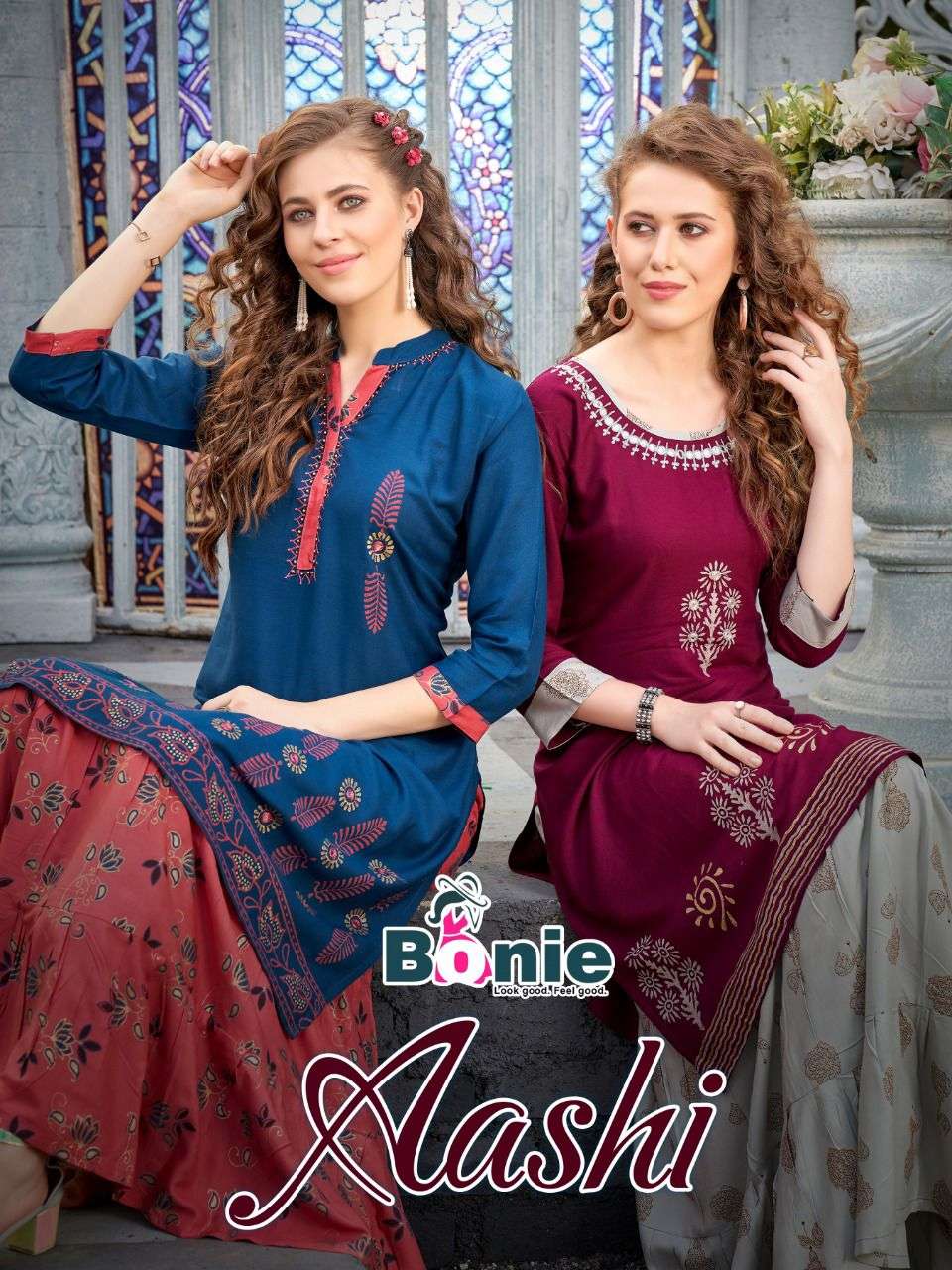 AASHI BY BONIE HEAVY RAYON PRINT KURTI WITH SKIRT CATALOG WHOLESALER BEST RATE