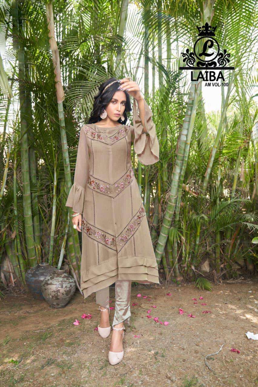 am vol 100 by laiba pure georgette pakistani fancy kurti with pant pair