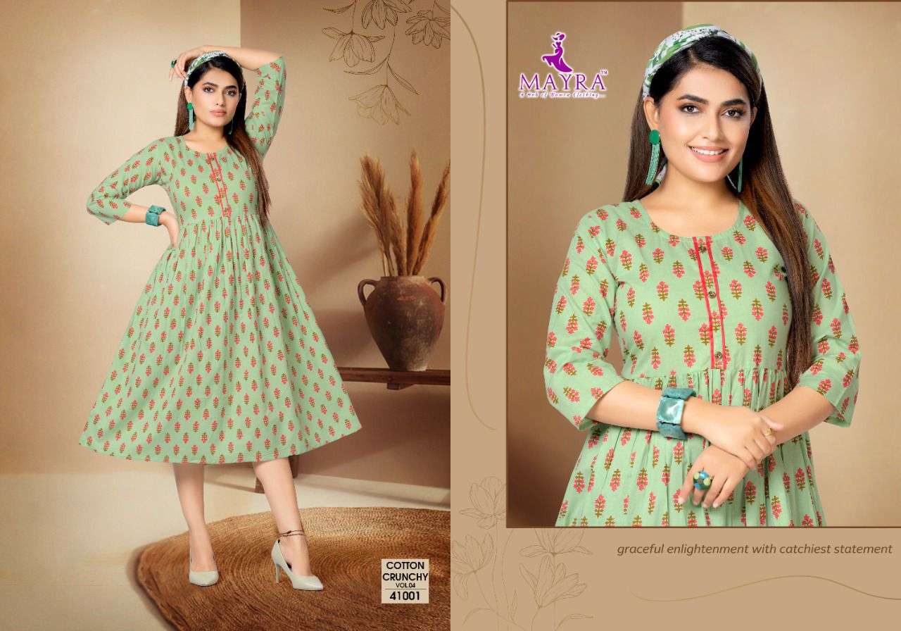 COTTON CRUNCHY  vol-4 BY MAYRA HEAVY Pure 60*60 cambric jaipuri cotton umbrella ghera kurti with full interlock on each joint KURTI CATALOG WHOLESALER BEST RATE