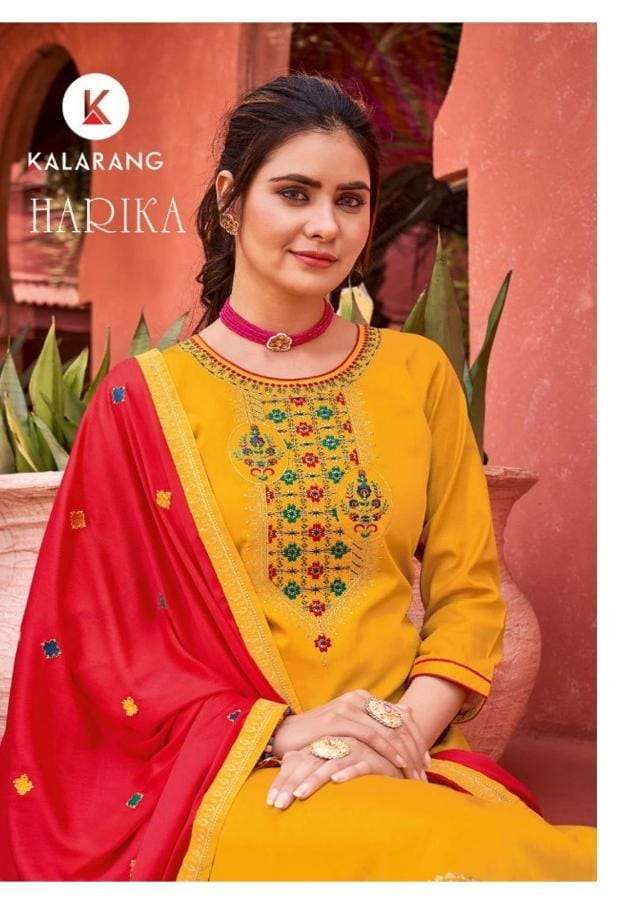 harika by kalarang jam silk cotton work fancy dress materials