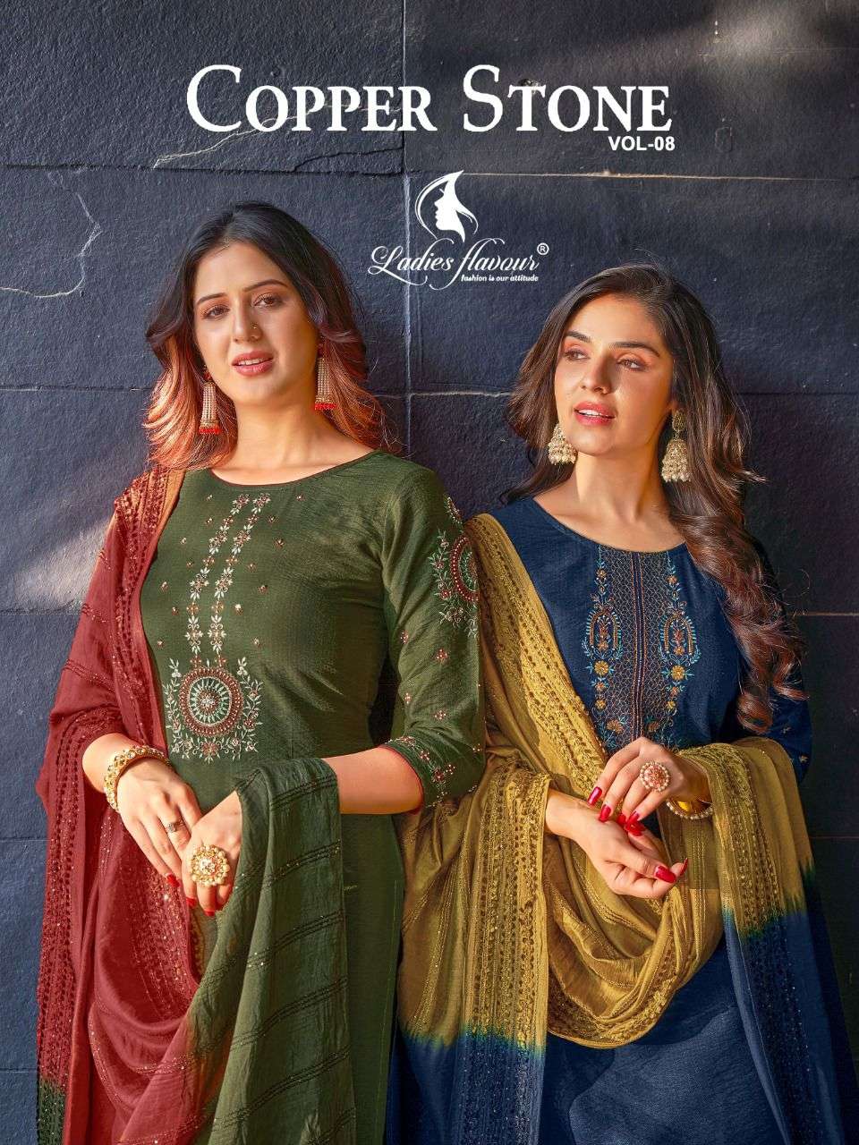 ladies flavour copper stone vol 8 ethnic wear full stitch kurti with bottom & dupatta