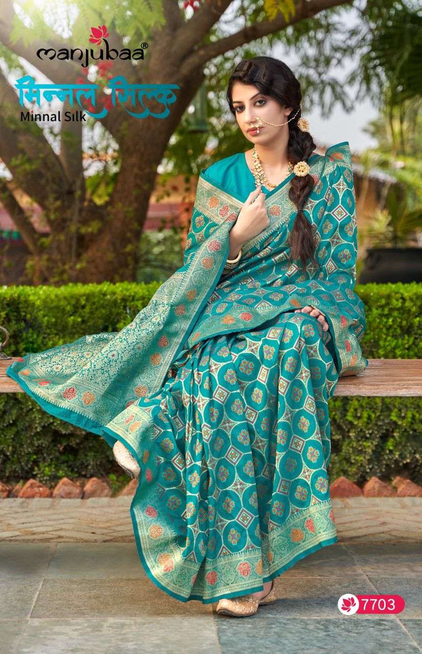 minnal silk by manjubaa 7701-7707 series banarasi soft silk designer saree