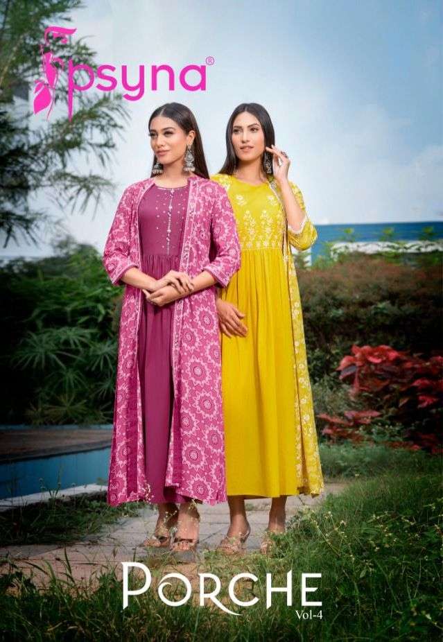 psyna porche vol 4 rayon designer kurta with long shrug collection