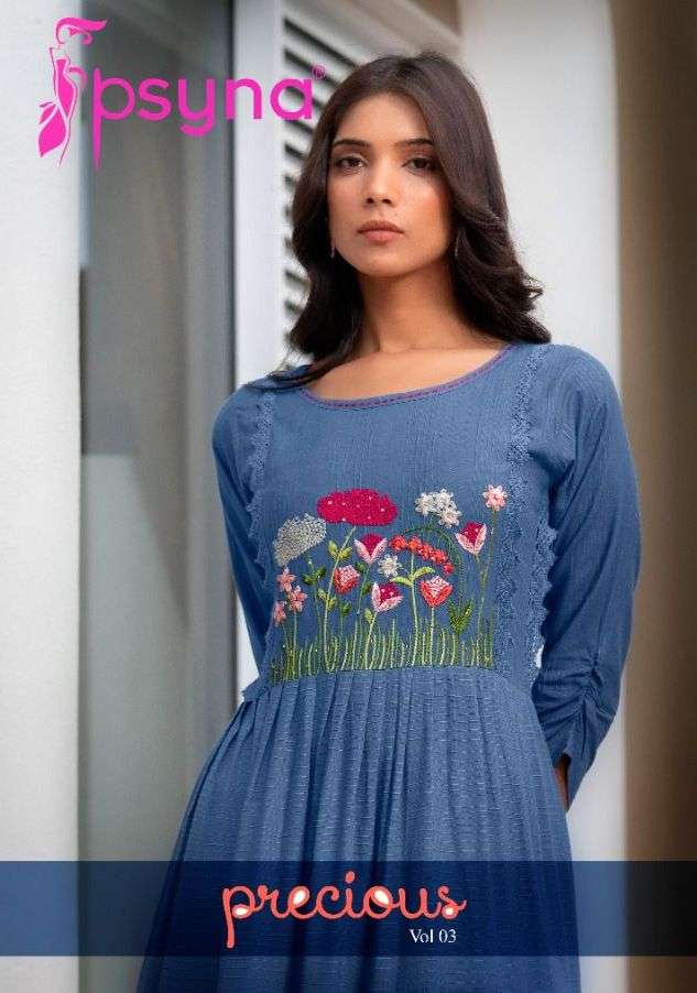 psyna precious vol 3 ankel length colourful embroidery and handwork gowns kurtis 