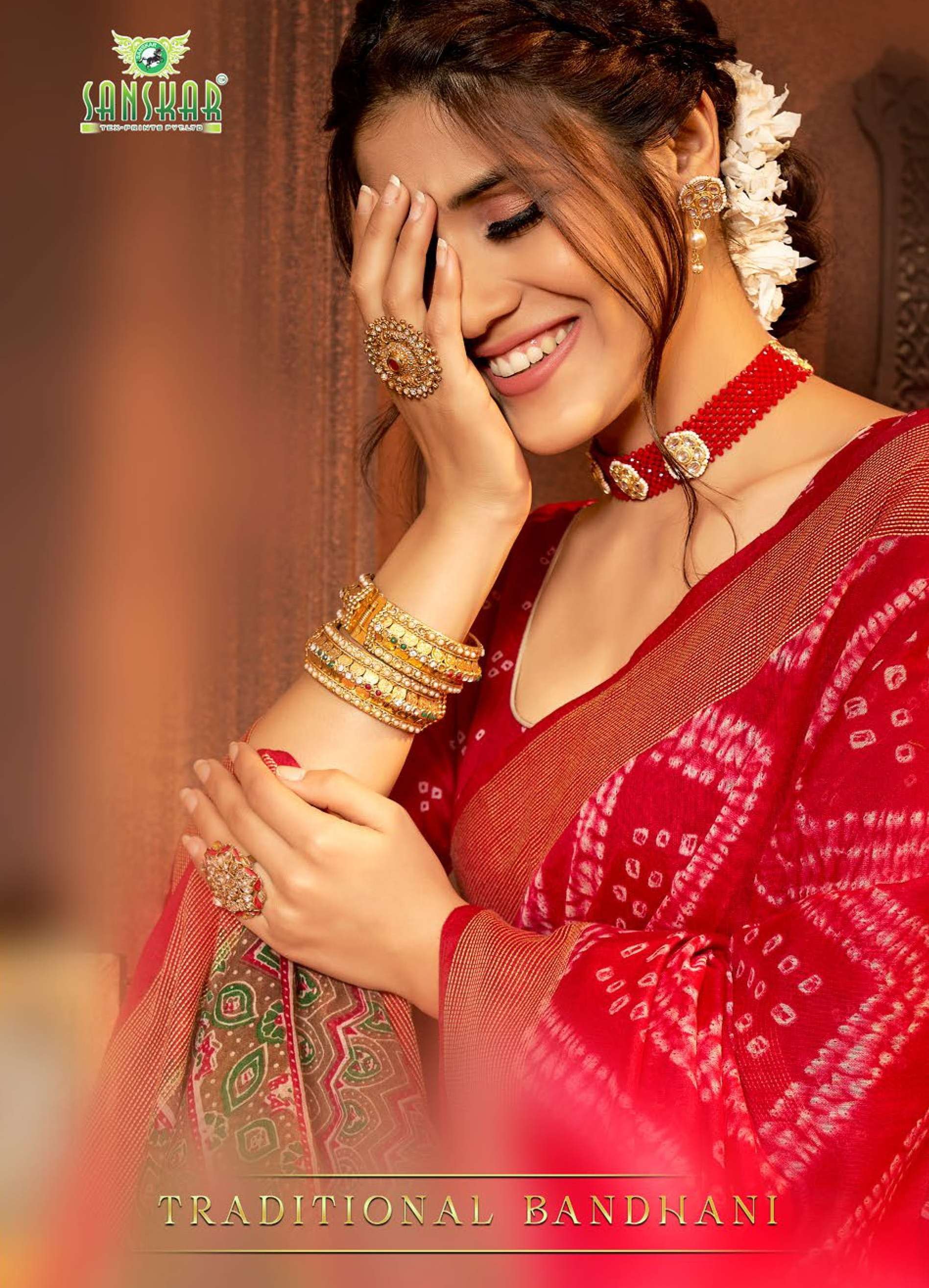 sanskar tex print traditional bandhani print silk jari border with blouse sarees 