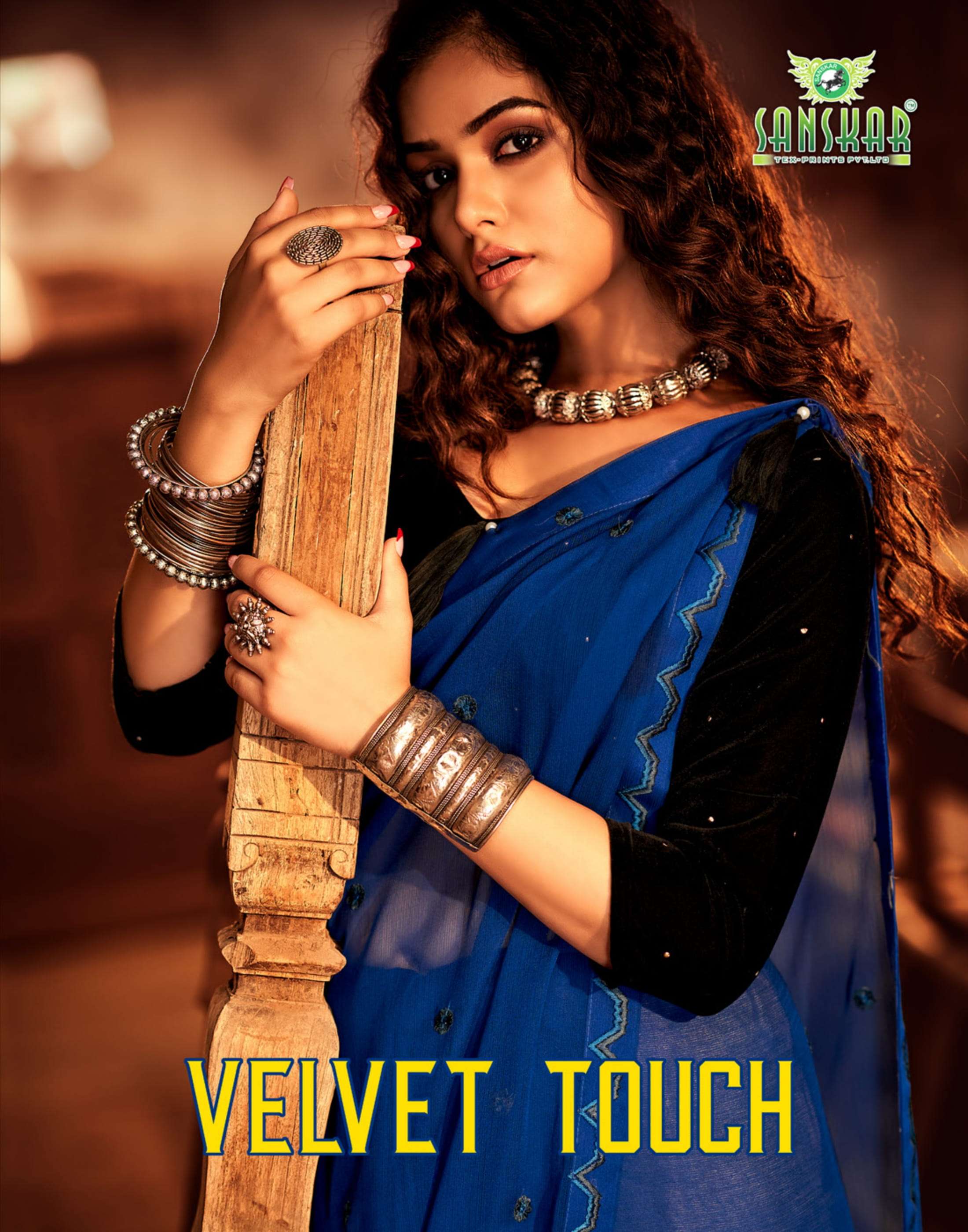 sanskar tex velvet touch pure chiffon saree with work blouse 