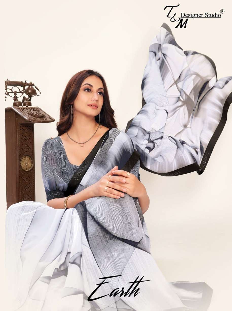 t&m designer earth georgette black & white design special saree collection 