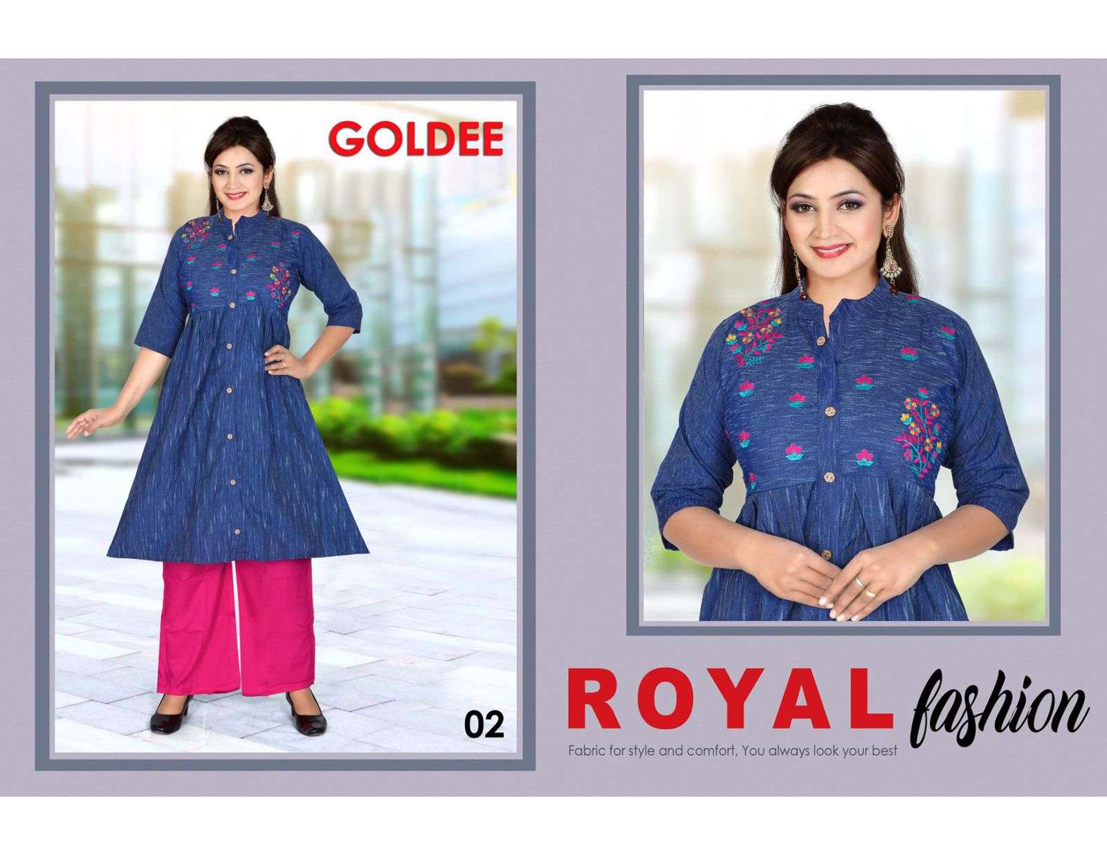 TRENDY GOLDEE (WITH PLAZO) HEAVY COTTON KURTI WITH WORK WITH RAYON PLAZO  CATALOG WHOLESALER BEST RATE