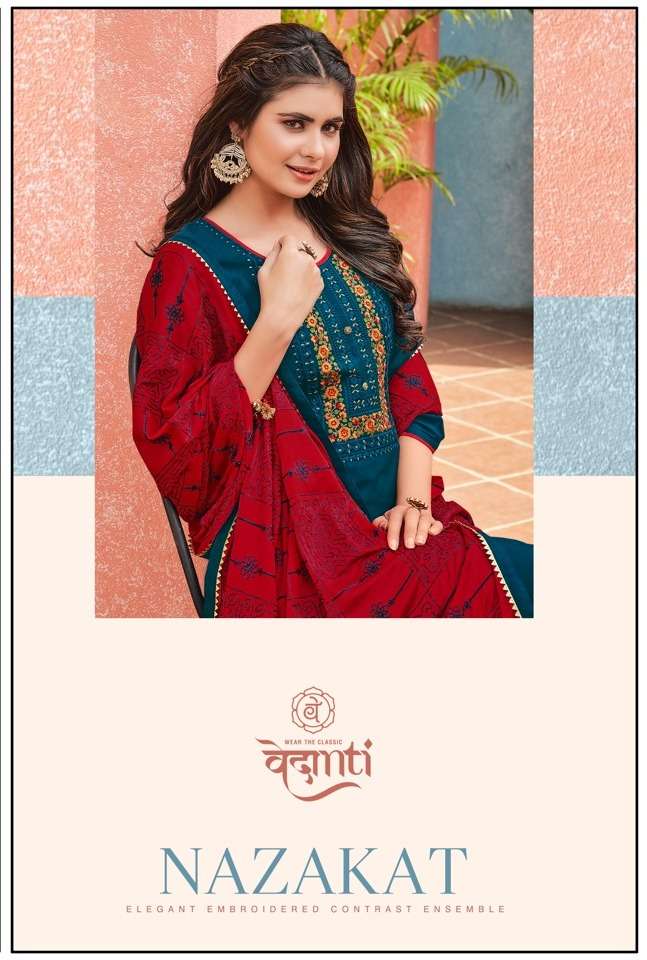 vedanti nazakat silk embroidery work casual wear dresses supplier