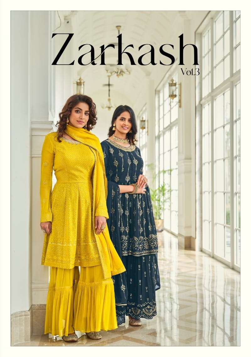 zarkash vol 3 by amyra exclusive readymade peplum garara style suits