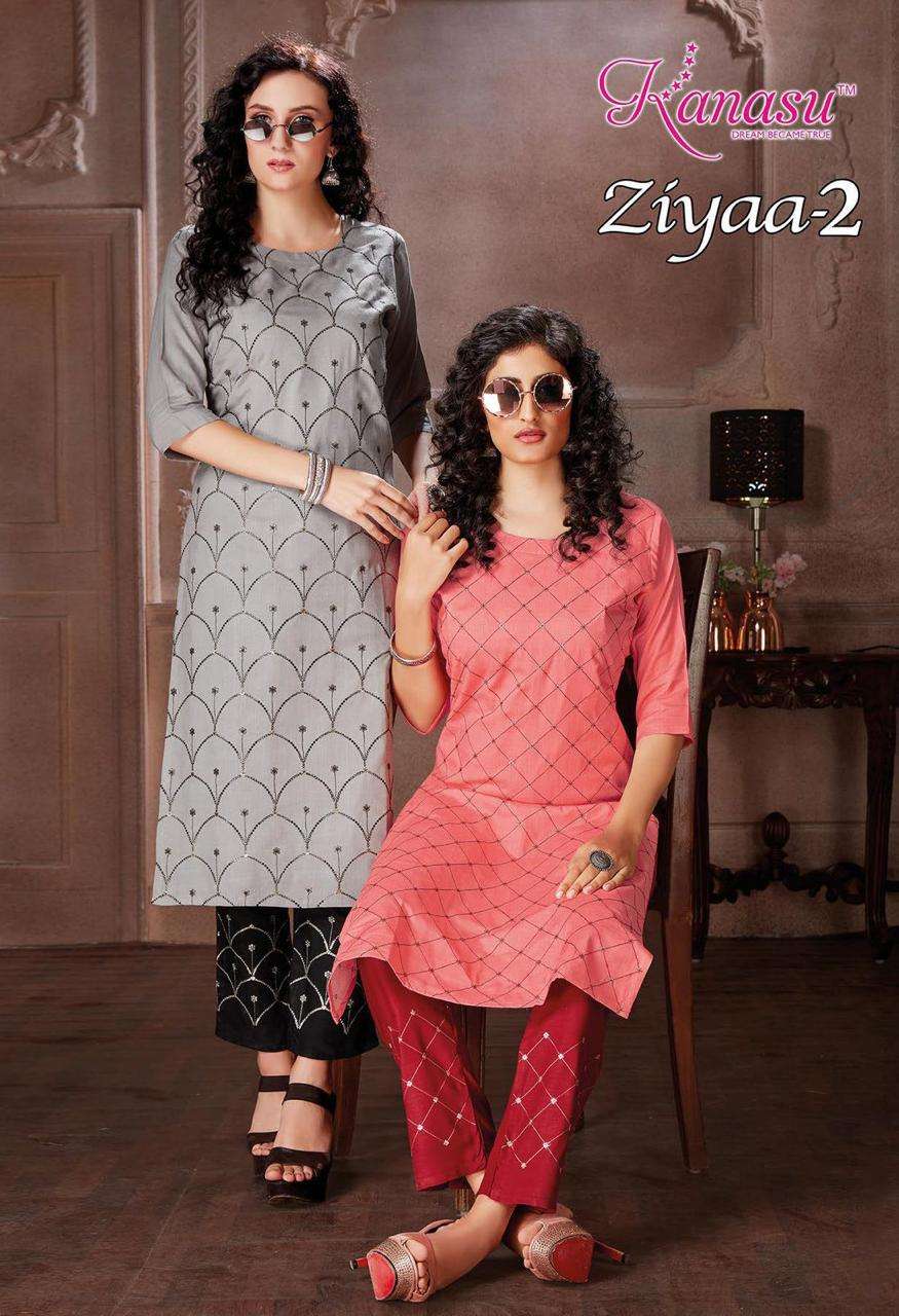 ZIYAA VOL-2 BY KANASU HEAVY RAYON SLUB TOP & PANT SEQUENCE WORK KURTI CATALOG WHOLESALER BSET RATE