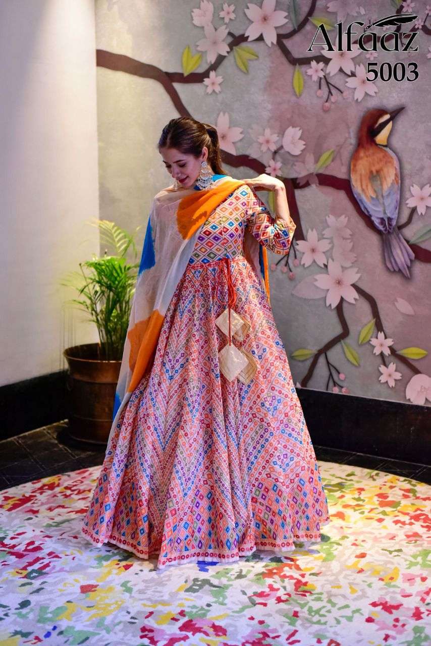 alfaaz vol 5 by stylishta silk cotton long readymade gown with dupatta