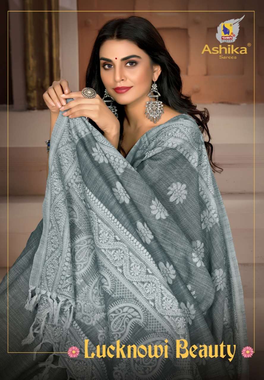 ashika lucknowi beauty linen fancy latest design sarees 