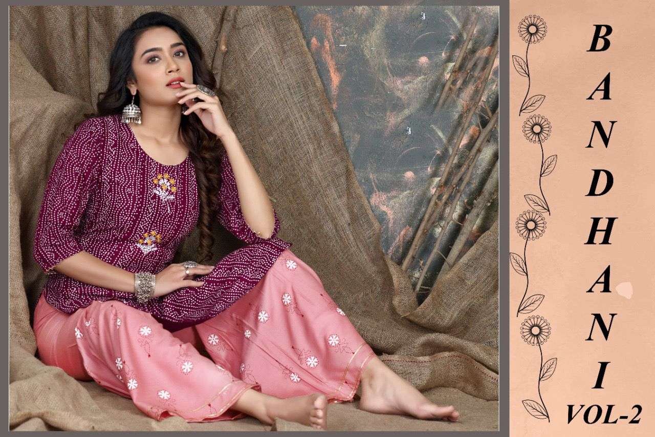 BEAUTY QUEEN BANDHANI VOL 2 HEAVY Riyon print heavy embroidery work top and sarara with print sillai  pattern  CATALOG WHOLESALER BEST RATE