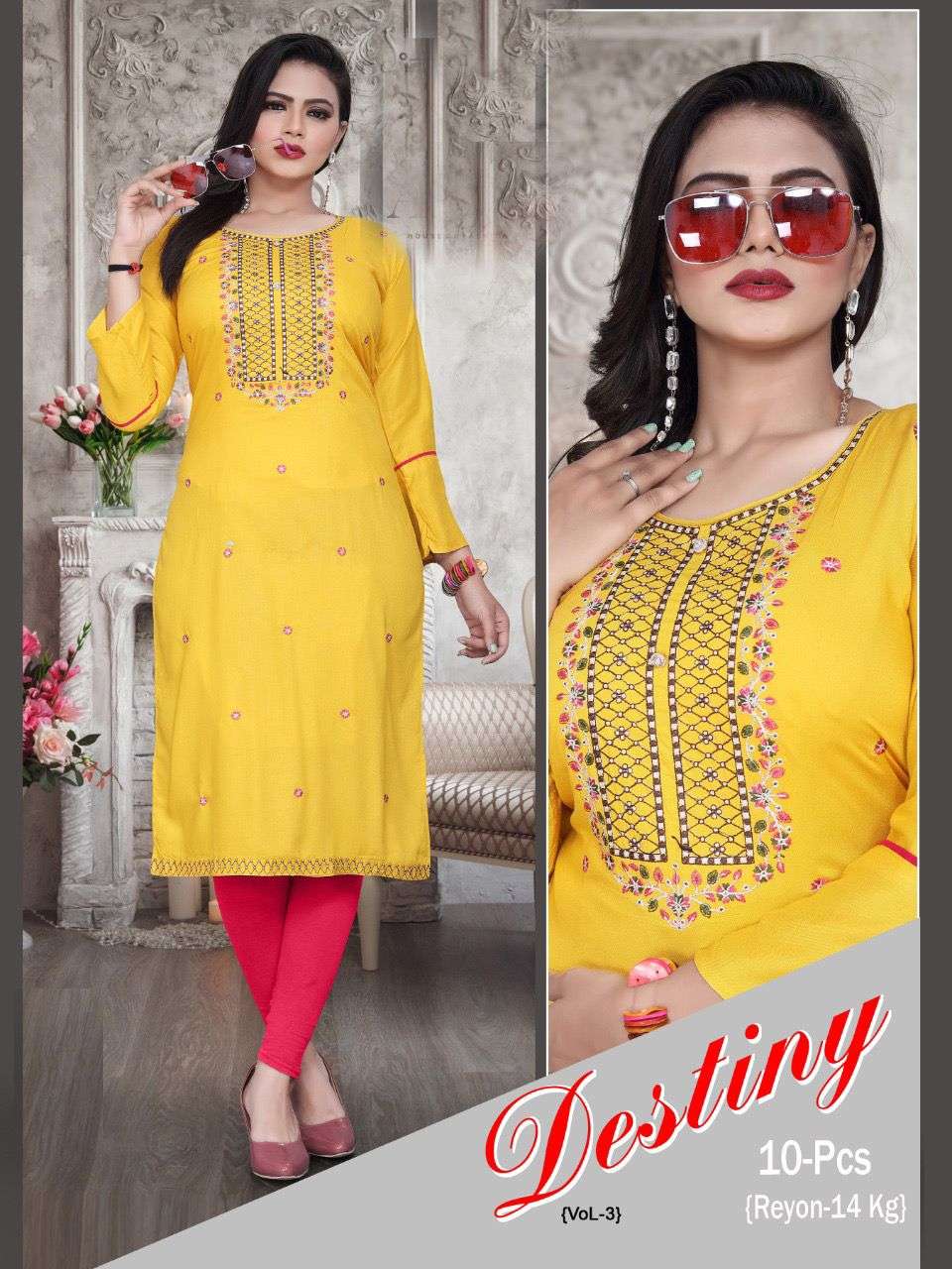 BEAUTY QUEEN DESTINY VOL.3 Rayon Heavy Embroidered Straight Sleeve Work Kurti CATALOG WHOLESALER BEST RATE