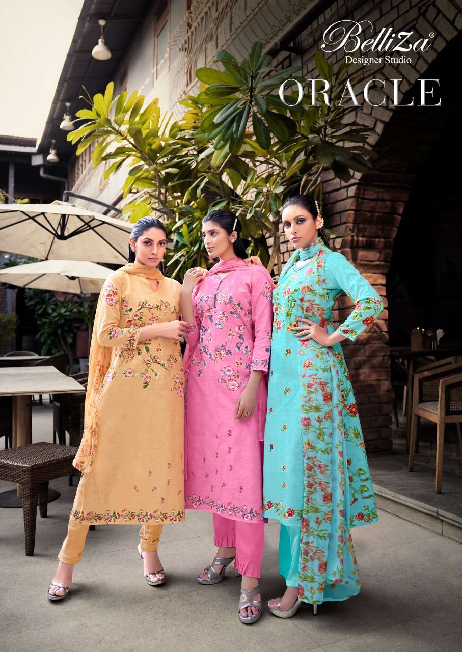 belliza designer oracle cotton linen dress materials with 3mtr bottom 