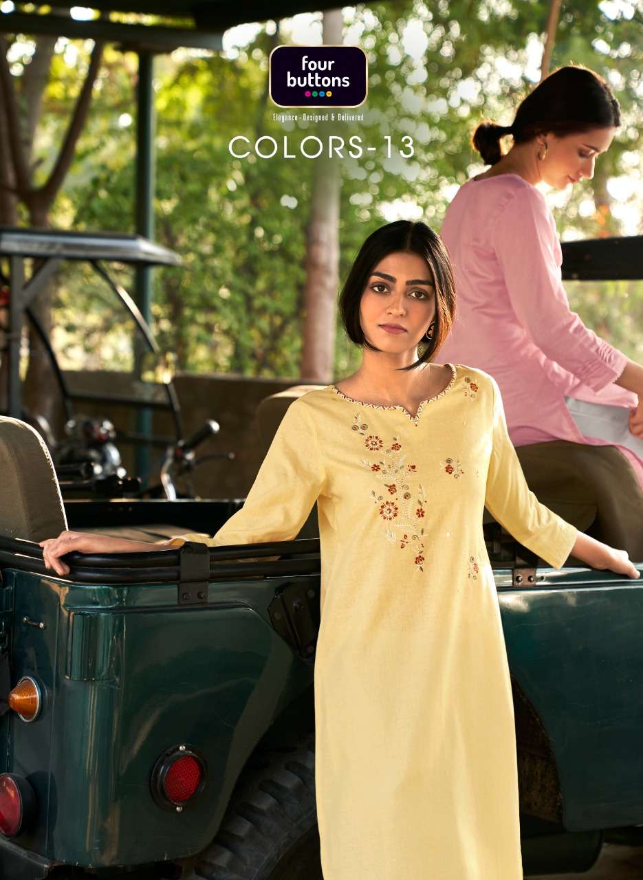 colors vol 13 by four buttons cotton linen work fancy kurti