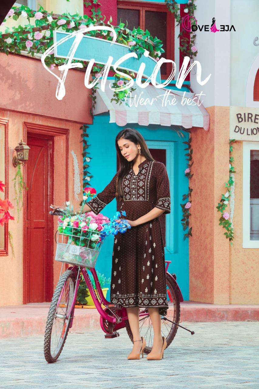  FUSION BY DVEEJA HEAVY RAYON PRINT KURTI CATALOG WHOLESALER BEST RATE