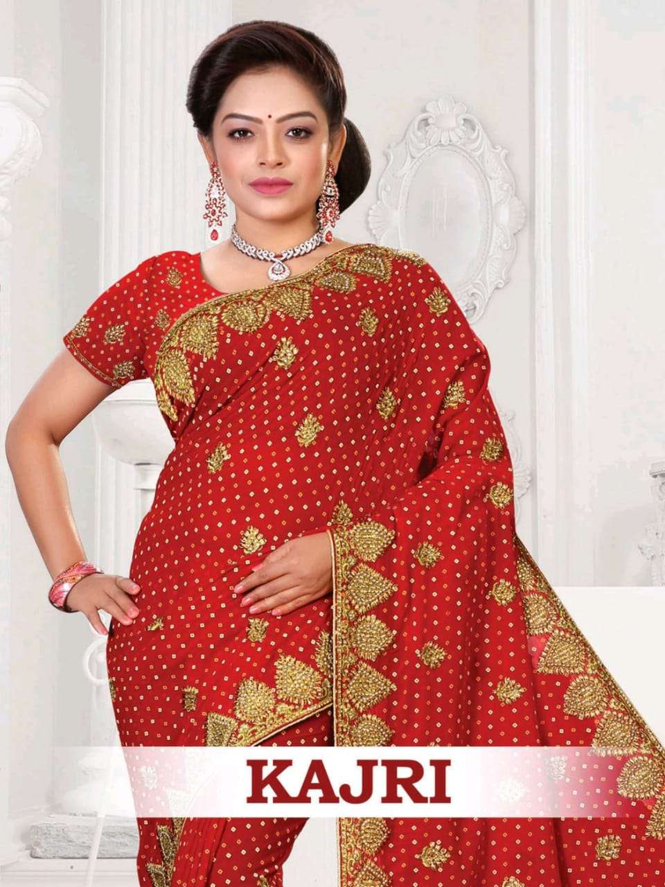 Kajri by ranjna sarees fabric Georgette bandhani embroidery worked heavy Diamond wedding saree collecton 