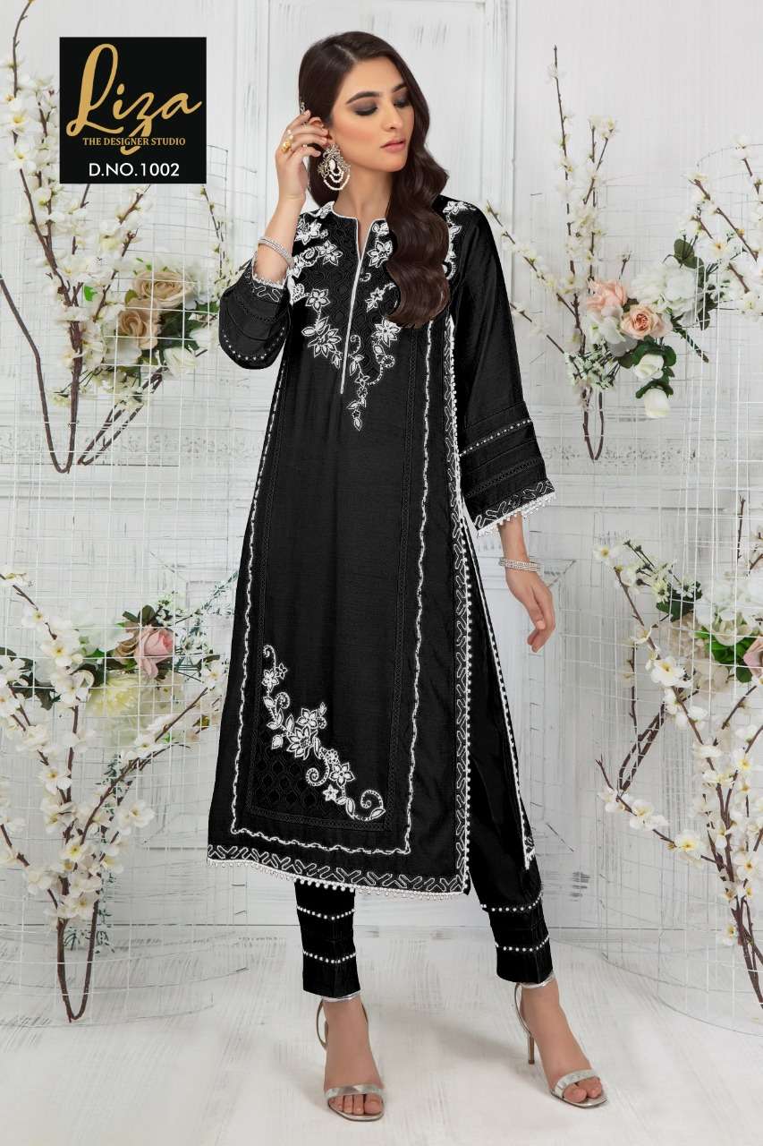 liza the designer studio present d no 1002 georgette black & white pakistani kurti with pant