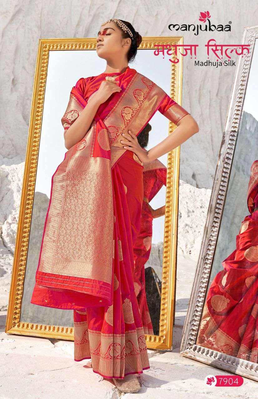madhuja silk by manjubaa 7901-7910 series banarasi soft silk fancy sarees