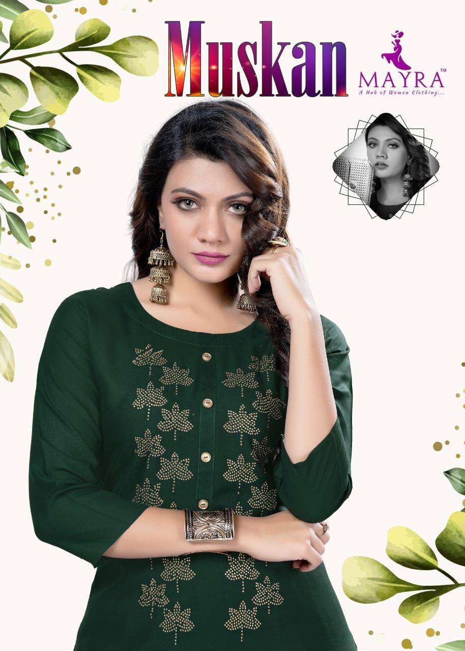 MUSKAN BY MAYRA HEAVY RAYON 14kg with siroski work  and stiching pattern KURTI CATLOG WHOLESALER BEST RATE