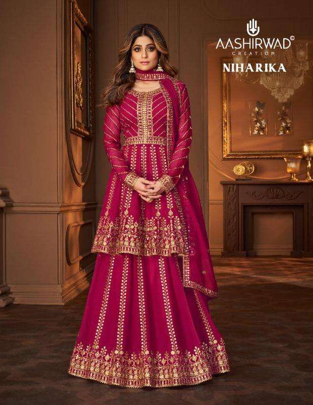 niharika by aashirwad georgette work readymade long skirt style salwar kameez