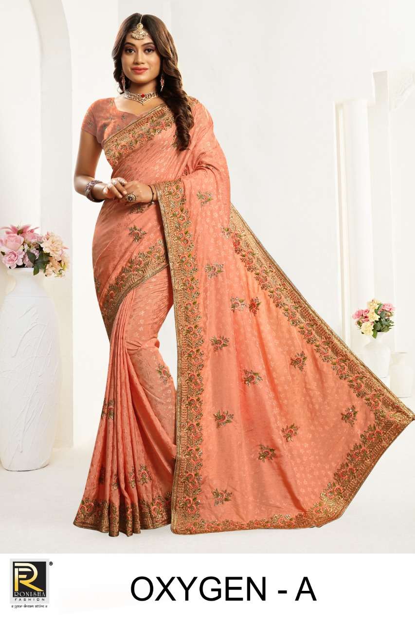 Oxygen by Ranjna sarees jacquard self design embroidery worked heavy Diamond designer saree