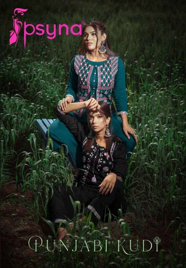 punjabi kudi by psyna rayon 3 piece kurti & jacket with pant collection