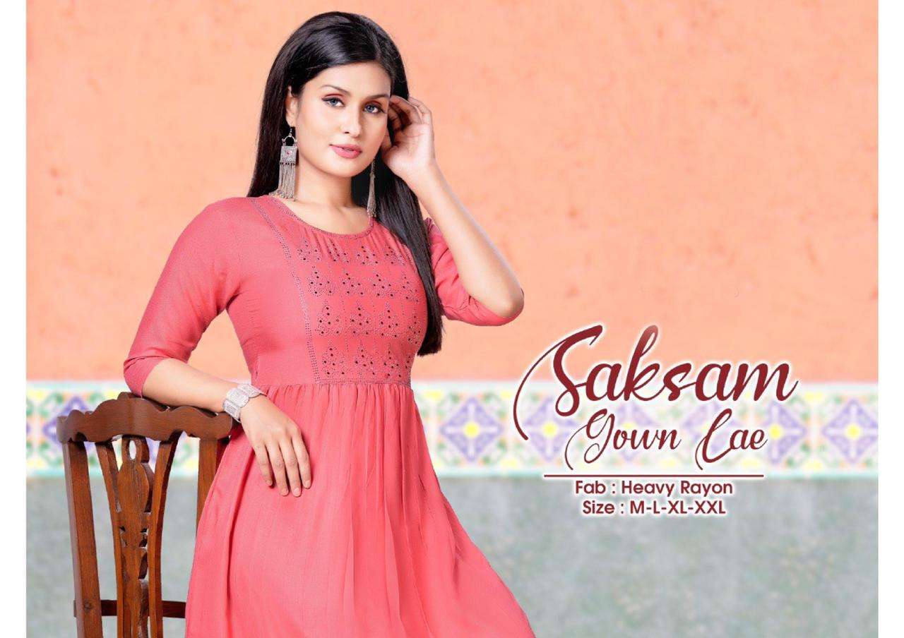 SAKSAM BY BEAUTY QUEEN HEAVY RAYON 14KG WITH WORK KURTI CATALOG WHOLESALER BEST RATE