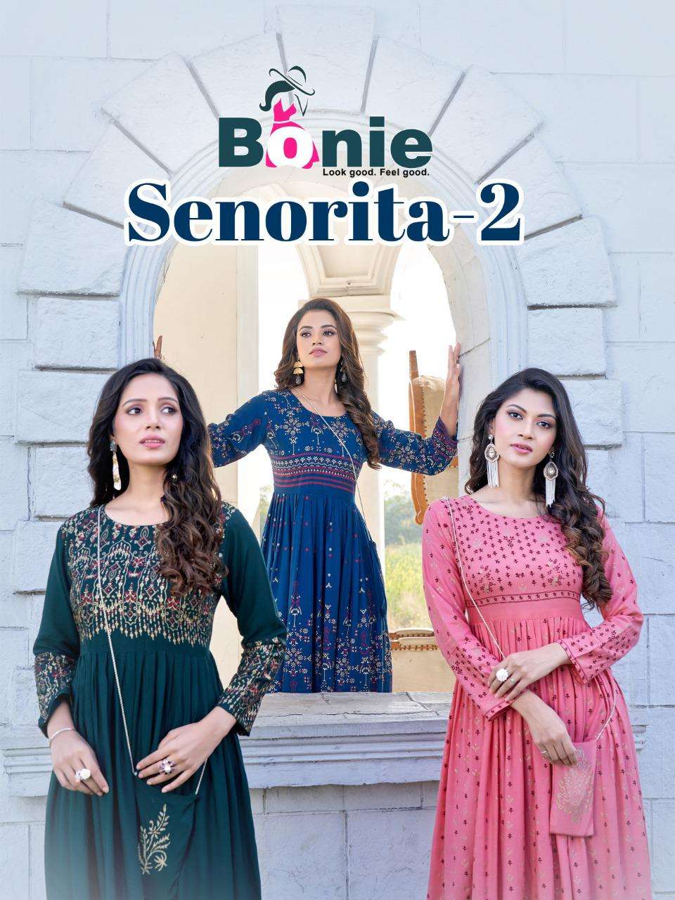 SENORITA VOL-2  BY BONIE HEAVY RAYON PRINT LONG FLAIR KURTI CATALOG WHOLESALER BEST RATE