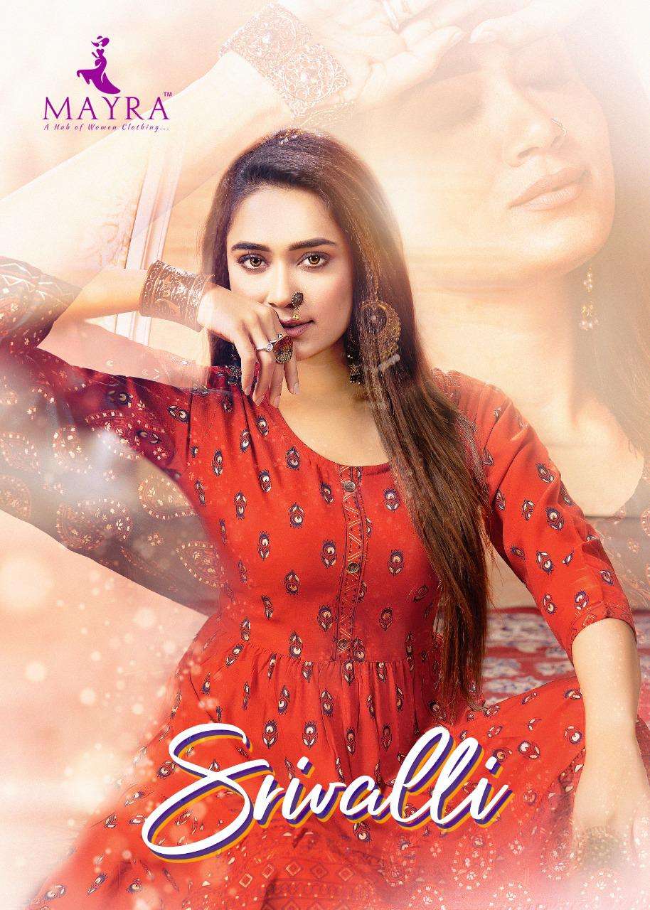 SRIVALI BY MAYRA HEAVY RAYON GOLD FOIL PRINT KURTI CATALOG WHOLESALER BEST RATE