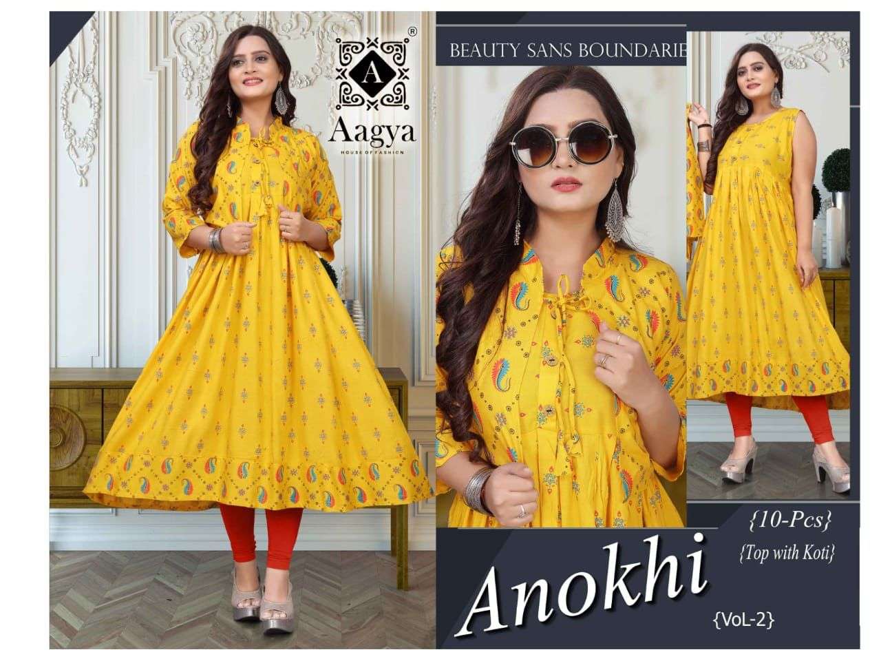 ANOKHI VOL.2 BY AAGYA HEAVY RAYON KURTI WITH KOTI FOIL CATALOG WHOLESALER BEST RATE