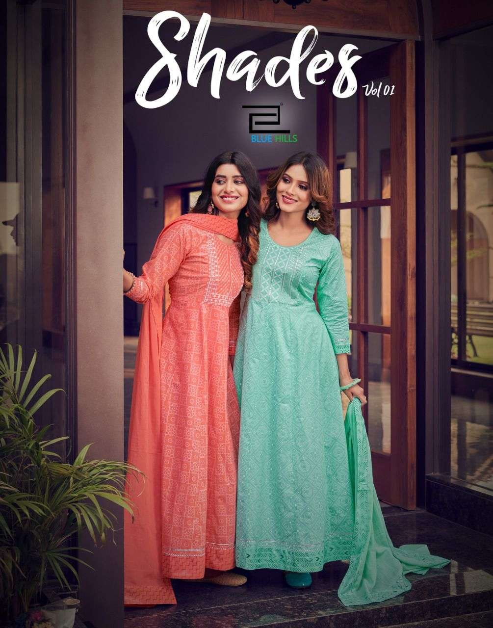 blue hills shades vol 1 cotton long gown with dupatta collection