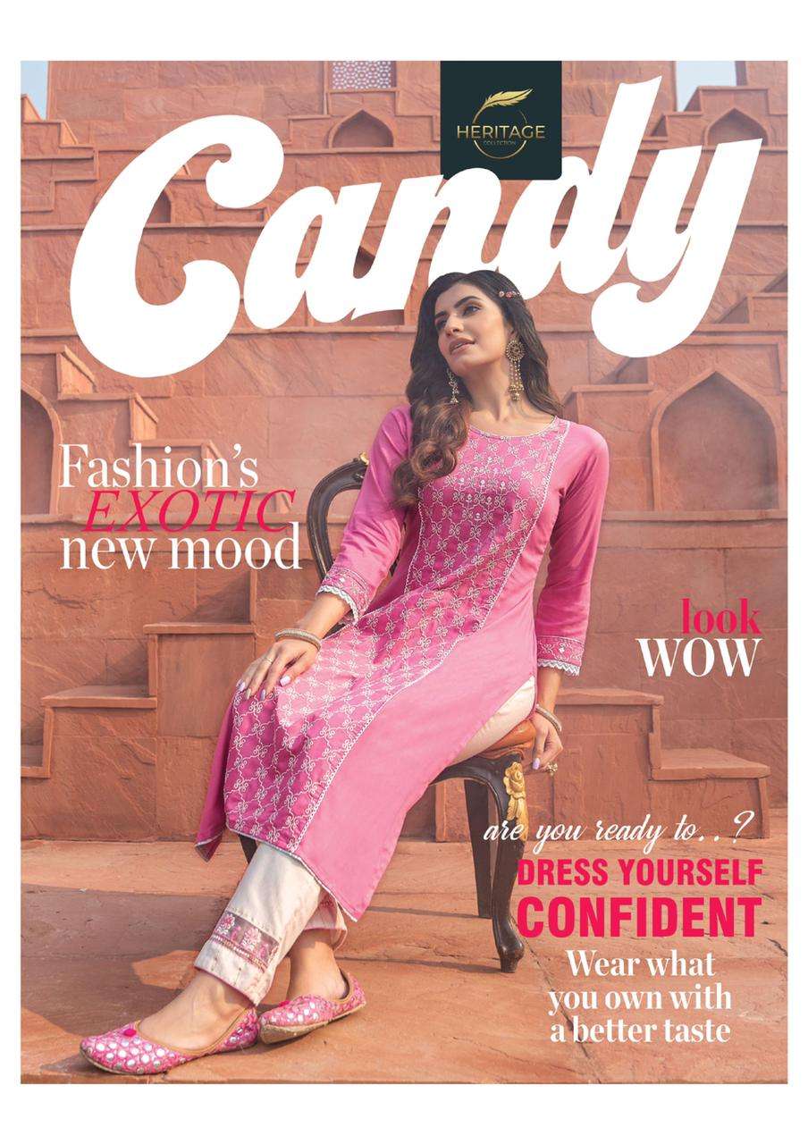 CANDY BY HERITAGE HAEVY RAYON & COTTON FLEX PANT DESIGNER KURTI WITH EMBROIDERY & FANCY PANTS WITH EMBROIDERY, LACES & EMBELLISHMENTS KURTI CATALOG WHOLESALER BEST RATE