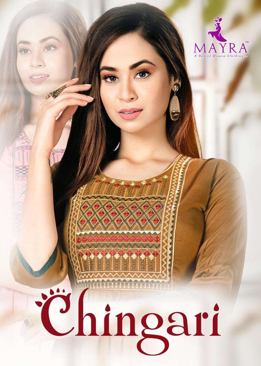 CHINGARI MAYRA CHINGARI HEAVY REYON LIQUID SLUB WITH EMBROYDREY CONCEPT KURTI CATALOG WHOLESALER BEST RATE