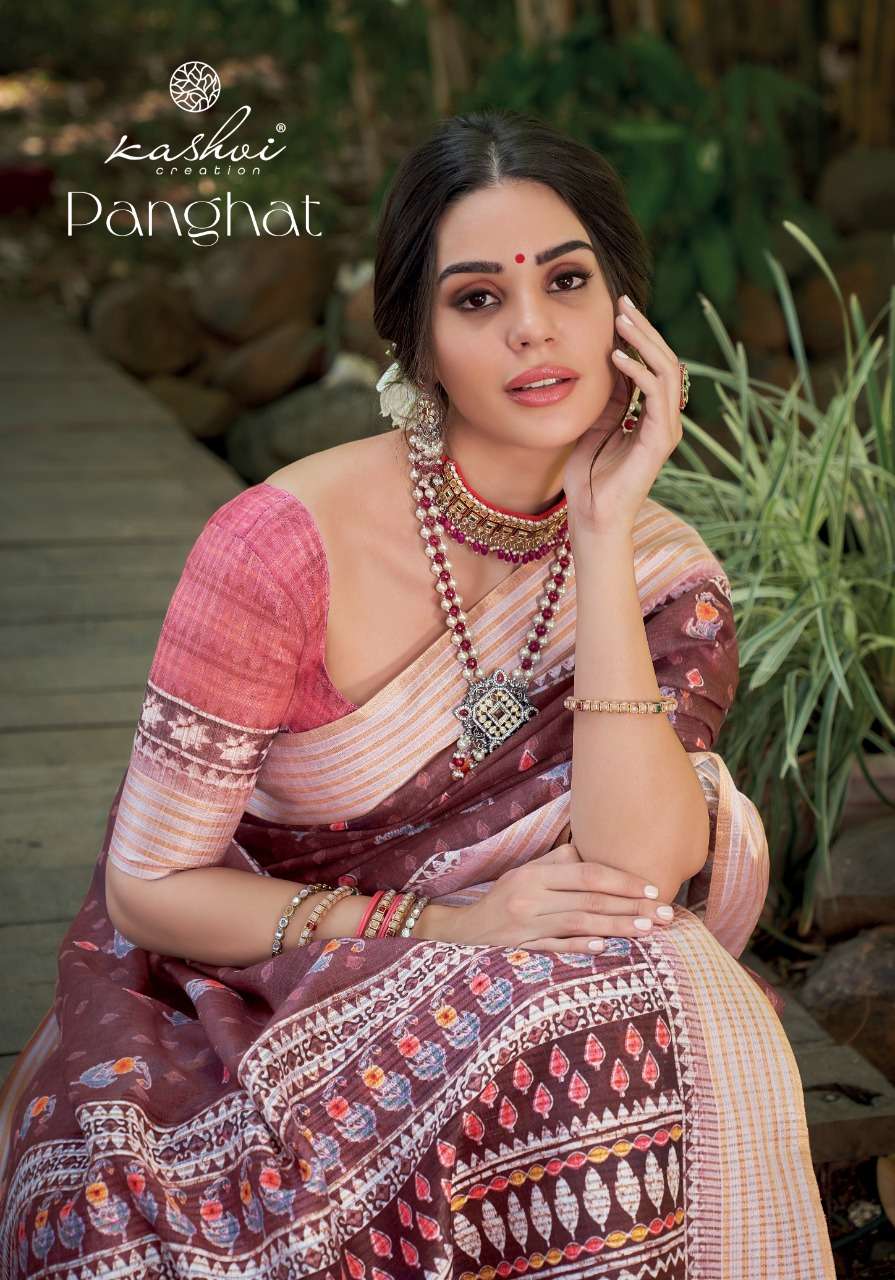 kashvi creation panghat linen silk digital printed good looking sarees collection