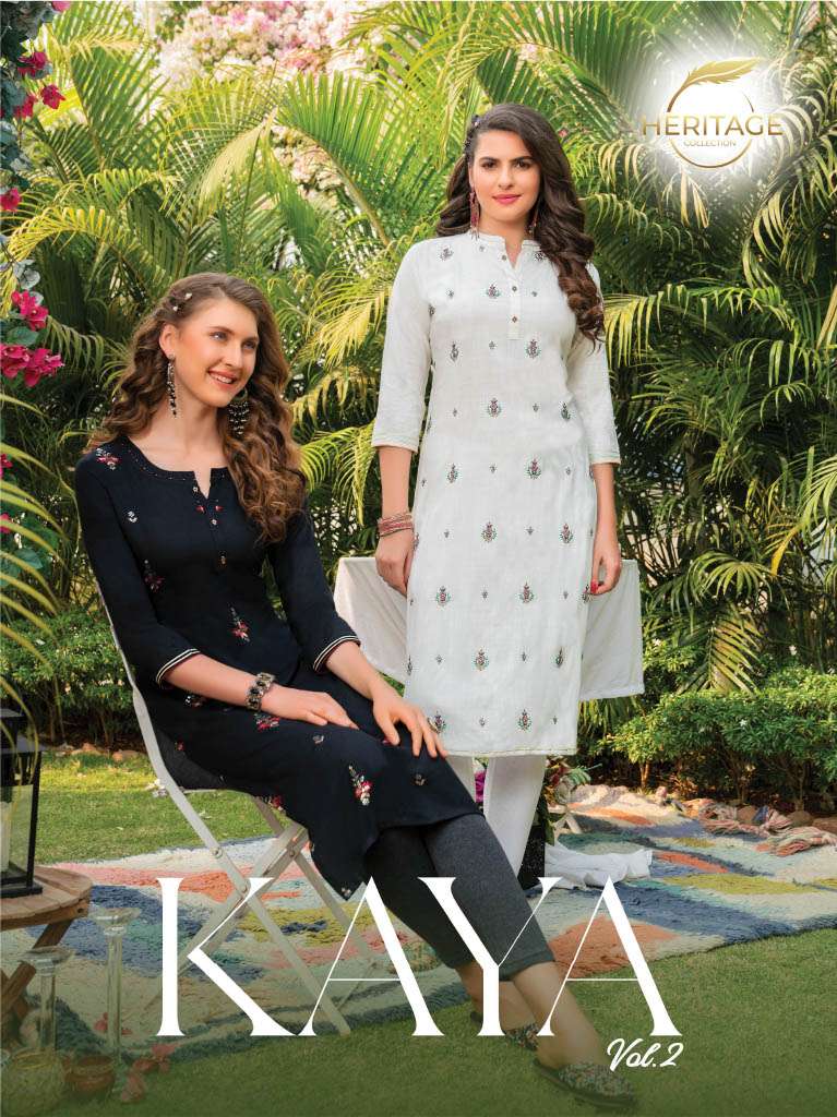  KAYA VOL-2 BY HERITAGE HEAVY RAYON & RAYON SLUB DESIGNER EMBROIDERED KURTI WITH SEQUENCE WORK & HANDWORK KURTI CATALOG WHOLESALER BEST RATE