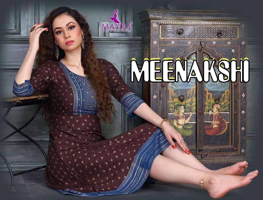 MEENAKSHI BY MAYRA HEAVY Reyon plain 14kg  with machine Gold print with sequence handwork KURTI CATALOG WHOLESALER BEST RATE 