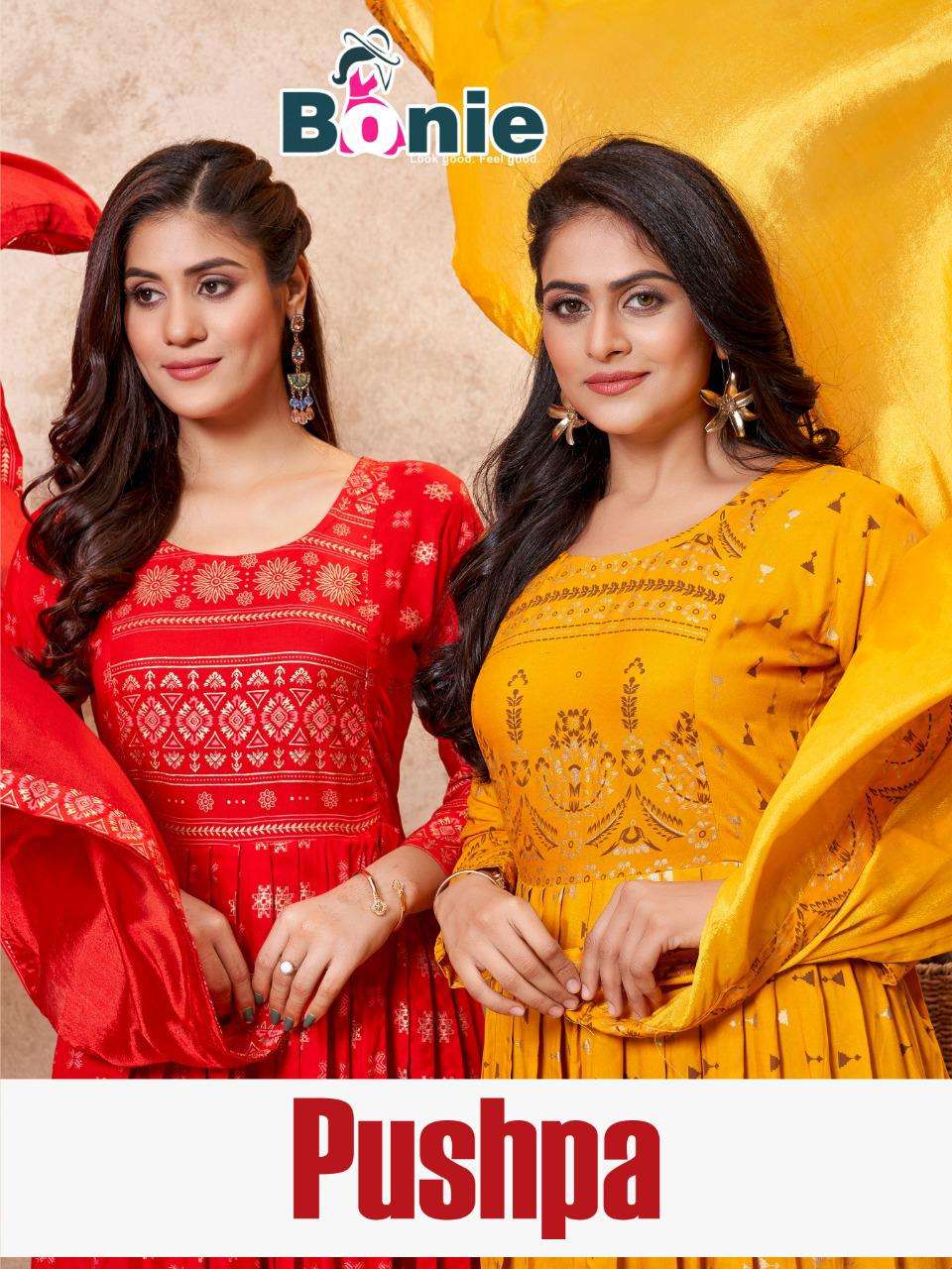 PUSHPA BY BONIE HEAVY PURE RAYON FULL FLARE KURTI WITH DUPATTA KURTI CATALOG WHOLESALER BEST RATE